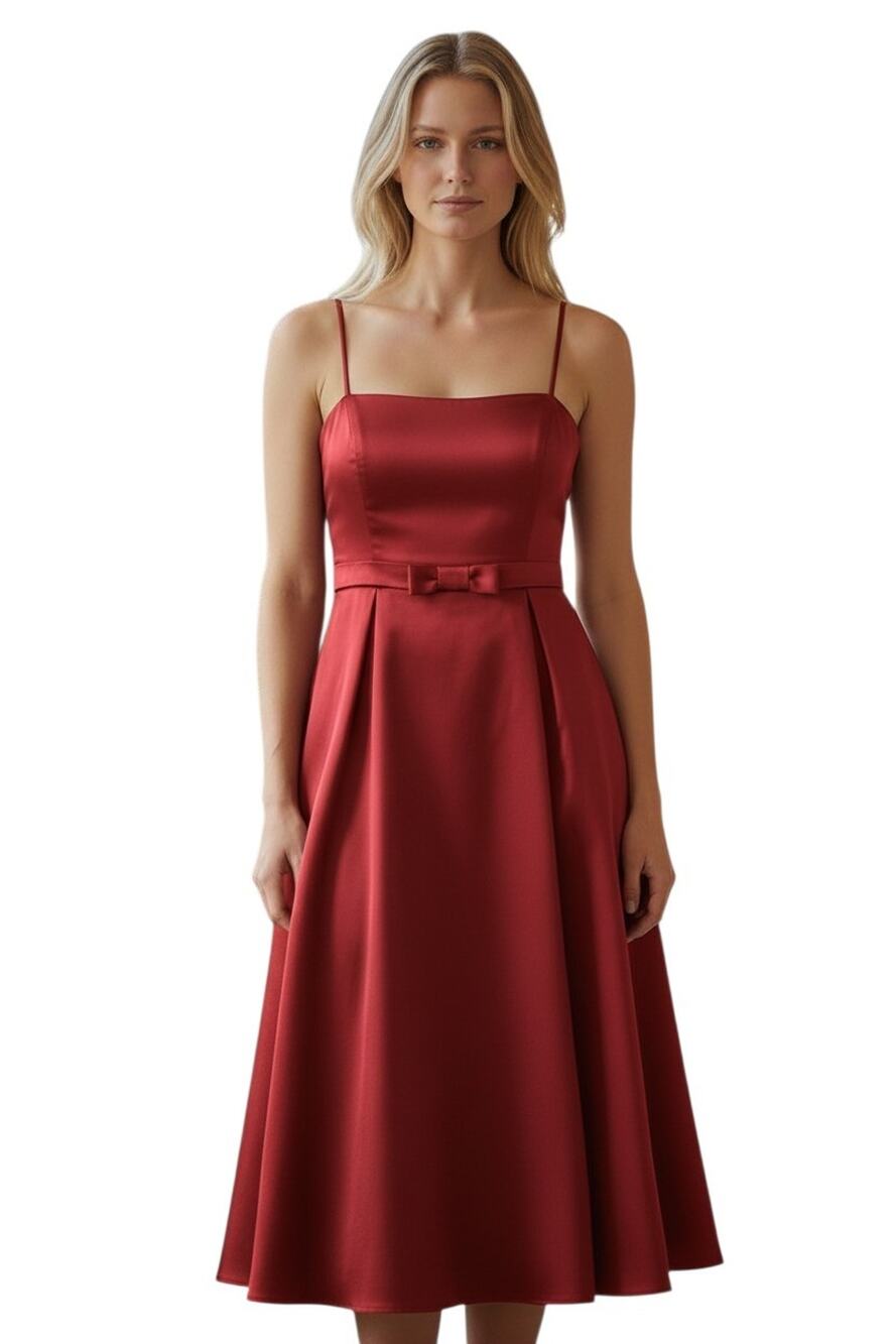 DAVID'S BRIDAL 12 Red Satin Formal Dress Empire Waist Midi Spaghetti Straps